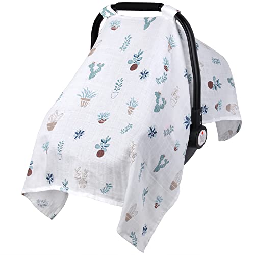 Muslin Carseat Cover for Boys Girls, Breathable Infant Car Seat Canopy, Lightweight Baby Carrier Cover, Newborn Shower Gift, Fit Spring Summer/Hot Days/Warm Weather, Cactus