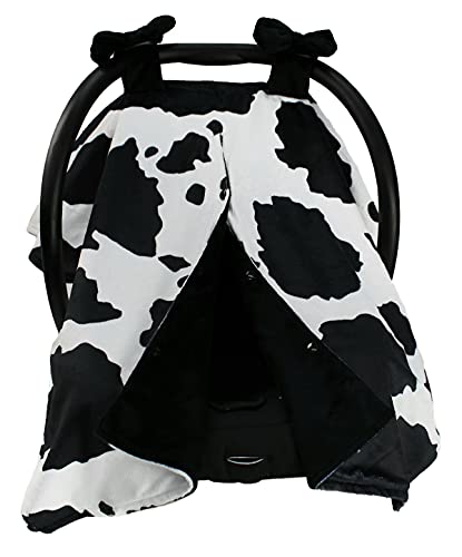 Dear Baby Gear Black and White Holstein Cow Minky Baby Car Seat Canopy with Snap Button Opening and Puffy Bows— Layered Lightweight Cover Keeps Babies Cozy and Sheltered — 40 x 30 Inches