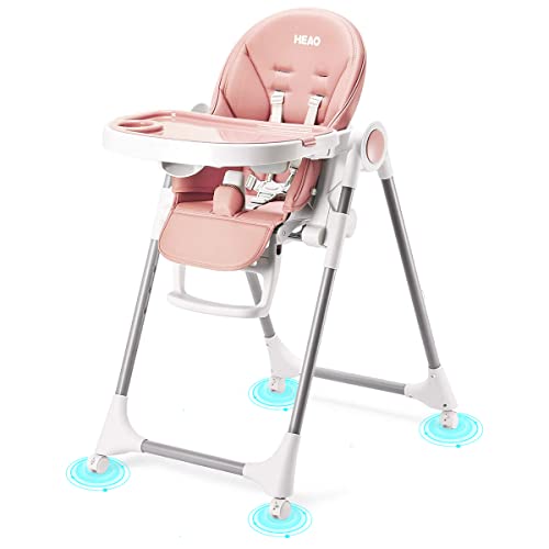 HEAO Baby High Chair 360° Rotating Wheels – Pink Highchair 7 Heights Adjustable – 5 Positions Recline Baby highchair – Foldable High Chairs for Babies and Toddlers