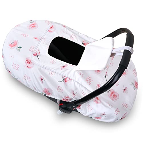 Winter Car Seat Covers for Babies Carseat Cover Girls Car Seat Cover Warm Windproof Baby Carrier Canopy with Window, White Floral