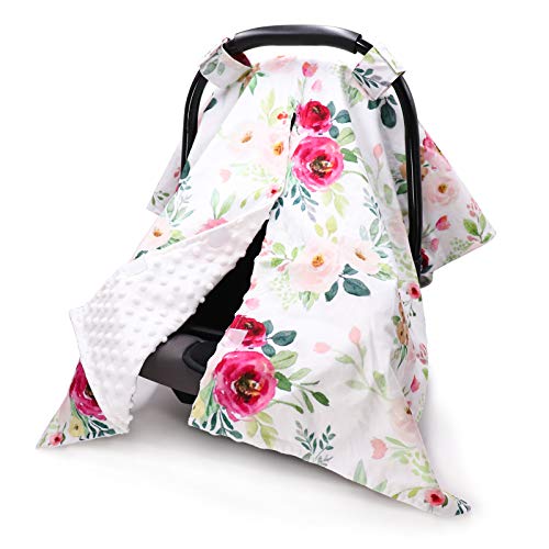 Floral Car Seat Cover for Babies, Peekaboo Opening Minky Carseat Canopy for Newborn, Multiuse, Mom Nursing Breastfeeding Covers, Minky Blanket for Infant Toddler