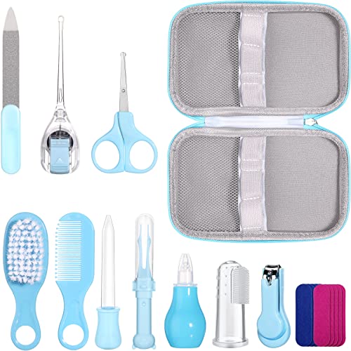 Baby Grooming Kit 12 in 1 Portable Baby Healthcare Safety Care Set, Hair Brush Comb Baby Nail Clippers Nasal Aspirator Set for Nursery Newborn Infant Girls Boys Keep Clean (Blue)