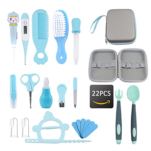 Baby Healthcare and Grooming Kit 22Pcs, Grooming Kit for Baby Boy, Newborn Grooming Kit with Comb Brush Set, Imitation Leather Case, Bendable Spoon Fork. Thoughtful Gift to First-time Parents