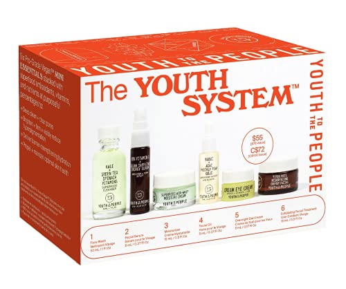 Youth To The People The Youth System – 6 Piece Set with Superfood Cleanser, Face Oil, Moisturizer, Vitamin C Serum, Eye Cream, Energy Facial – Vegan, Clean Skincare Kit