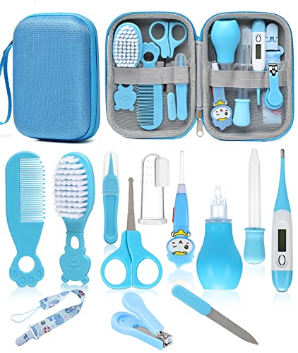 Baby Healthcare and Grooming Kit, Safety Newborn Nursery Care Set, with Hair Brush Comb, Nail Clipper, Thermometer, Pacifier Clip, Nasal Aspirator for Newborn Infant Baby Girls Boys (Blue)