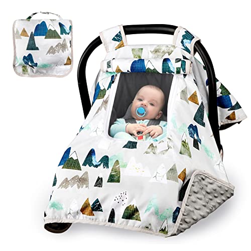 Baby Car Seat Cover, Adventure Mountain Carseat Canopy, Minky Winter Cozy & Warm Cover Boys Girls, Double Layers Zipper Windows, Soft Breathable