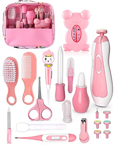 Baby Healthcare and Grooming Kit, Bcaikair Portable Baby Electric Nail Trimmer Care Set, Newborn Nursery Care Kit Baby Essentials with Baby Feeder, Medicine Dispenser, etc Baby Shower Gifts(Pink)