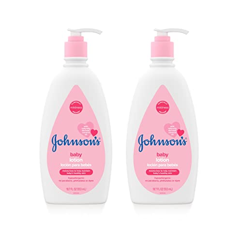 Johnson’s Moisturizing Mild Pink Baby Lotion with Coconut Oil for Delicate Baby Skin, Paraben-, Phthalate- & Dye-Free, Hypoallergenic & Dermatologist-Tested, Baby Skin Care, 18 Fl. Oz, Pack of 2