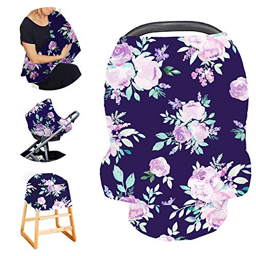 Carseat Cover Girls, Multiuse – Nursing Breastfeeding Covers, Purple Flower Theme, Car seat Canopy, Stretchy Soft Breathable