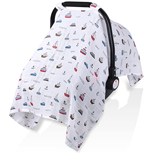 Muslin Car Seat Covers for Babies, Lightweight Infant Car Seat Canopy, Breathable Baby Carrier Cover, Newborn Boys Girls Shower Gift, Fit Spring Summer/Hot Days/Warm Weather,Blue Boat