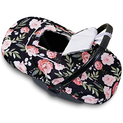 Winter Car Seat Covers for Babies Carseat Cover Girls Car Seat Cover Warm Windproof Baby Carrier Canopy with Window, Black Floral