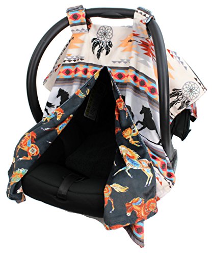 Dear Baby Gear Deluxe Reversible Car Seat Canopy, Custom Minky Print, Southwestern Tribal Horses