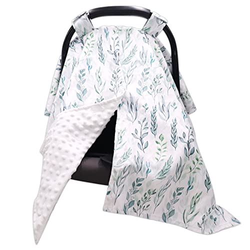 Car Seat Covers for Babies, Peekaboo Opening Infant Car Seat Canopy for Baby Boys Girls, 2 in 1 Mom Nursing Breastfeeding Covers, Minky Warm Carseat Canopy for Newborn, Green Leaf