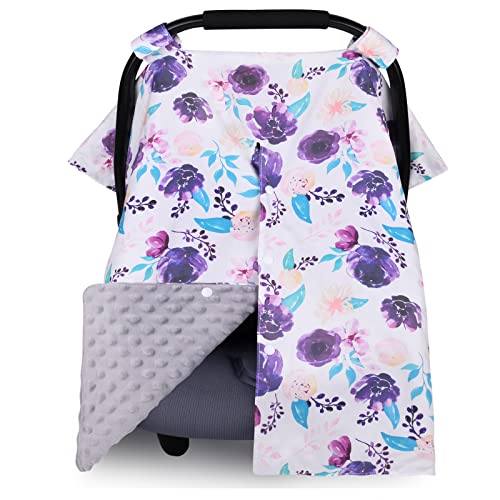 Minky Car Seat Canopy for Girls Boys, Metplus Multiuse Cover for Infant Carseat/Baby Carrier/Stroller/Nursing Breastfeeding/Newborn Shower Gift, Universal Fit with Peekaboo Opening, Purple Floral