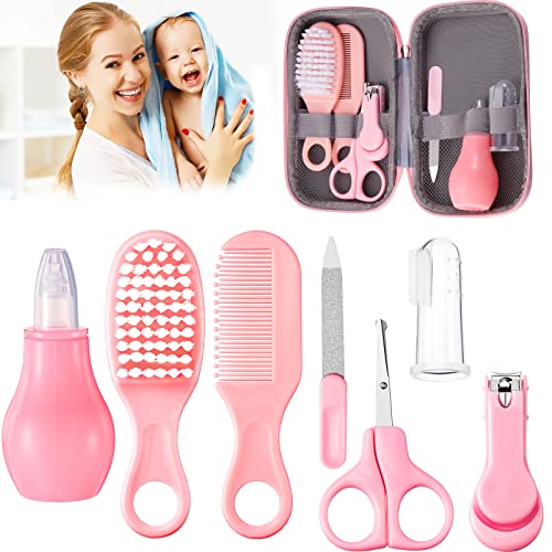 Baby Healthcare and Grooming Kit 7 in 1 Nail Clipper Brush Comb Scissors File Nasal Aspirator Finger Toothbrush Baby Safety Care Kit (Pink)