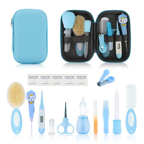 Esonto Baby Healthcare and Grooming Kit, 12 in 1 Baby Safety Set Newborn Nursery Health Care Set with Hair Brush Scale Measuring Spoon Nail Clippers Lighting Ear Cleaner for Baby Girls Boys (Blue)