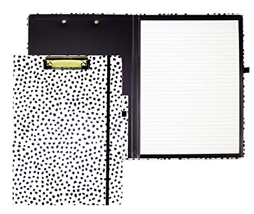 Steel Mill & Co Cute Clipboard Folio with Refillable Lined Notepad and Interior Storage Pocket, Stylish Black and White Padfolio for Work or School, Black Dots