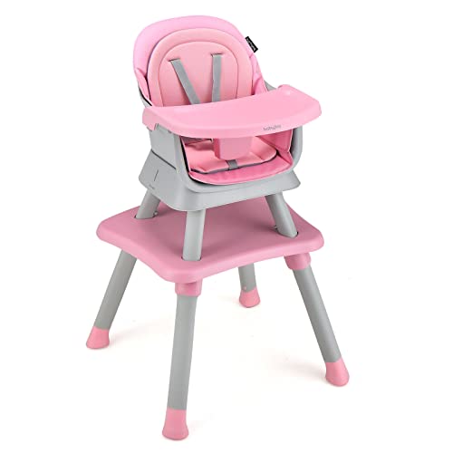HONEY JOY 8 in 1 Baby High Chair, Convertible Wooden Highchair for Babies and Toddlers/ Table and Chair Set/ Building Block Table/ Booster Seat/ Stool/ Toddler Chair with Safety Harness (Pink)