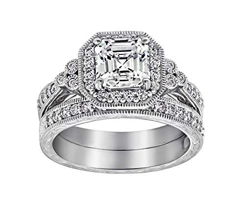 Amazon Collection Platinum-Plated Sterling Silver Antique Ring set with Asscher-Cut Infinite Elements Cubic Zirconia, Size 8