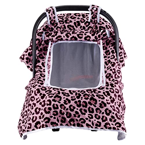 9CH Car Seat Covers for Babies, Pink Leopard Baby Carseat Canopy with Breathable Mesh Peep Window, Winter Soft Minky Baby Carrier Cover for Girls Boys