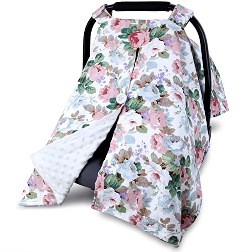 Floral Car Seat Covers for Babies, Warm Soft Infant Carseat Canopy, Cotton Minky Baby Carrier Cover Stroller Canopies Nursing Cover, Girls Boys Newborn Shower Gift, Widened Size with Peekaboo Opening