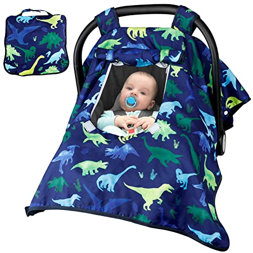 Baby Car Seat Cover Boys, Winter Infant CarSeat Canopy, Newborn Carrier Cover with Peep Windows and Breathable Mesh, Minky Cozy & Warm Cover, Dinosaur