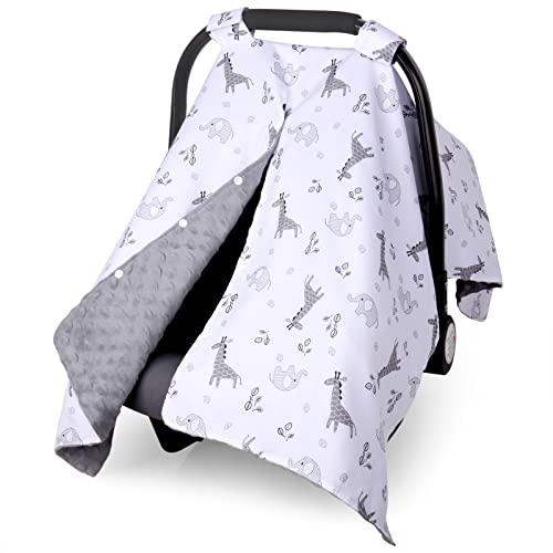Minky Car Seat Canopy for Girl Boy, Metplus Multiuse Cover for Infant Carseat/Baby Carrier/Stroller/Nursing Breastfeeding/Newborn Shower Gift, Universal Fit with Peekaboo Opening, Elephant Giraffe