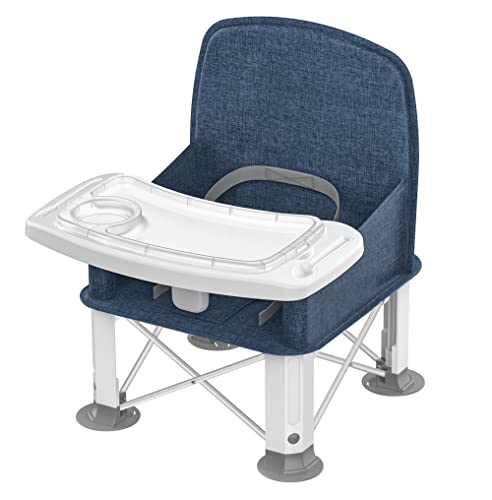 Baby Travel Booster Seat with Double Tray, BabyBond Upgraded Toddler Portable Baby Chair, Booster Seat for Dining Table, Stable and Foldable Booster Baby Chair for Indoor/Outdoor use (Denim Blue)