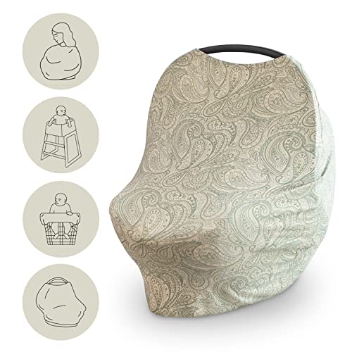 mushie Baby Car Seat Canopy Cover | Breathable & Stretchy Multi Use Cover for Breastfeeding, Nursing, High Chair, Shopping Cart, Strollers (Green Paisley)