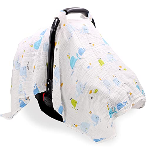 Muslin Baby Car Seat Cover, Infant Car Seat Canopy for Boys Girls, Summer Cart Cover, Lightweight Breathable, Cute Whale