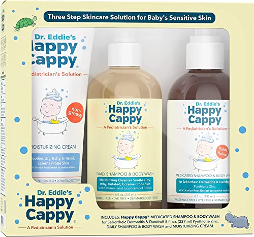 Happy Cappy Dr. Eddie’s 3 Step Skincare Solution for Baby’s Sensitive Skin | for Cradle Cap, Seborrheic Dermatitis, Dandruff, Dry, Itchy, Irritated, Eczema Prone Skin, Gift Box Set, 3 Pieces