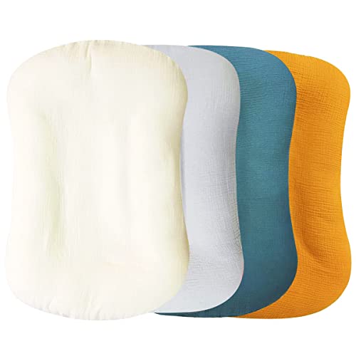 Muslin Baby Lounger Cover 4 Pcs, Soft Cotton Slipcover for Infant Padded Lounger Comfortable Lounger Pillow Case Newborn Floor Seat Cover for Babies Boys Girls (White/Gray/Blue/Ginger)