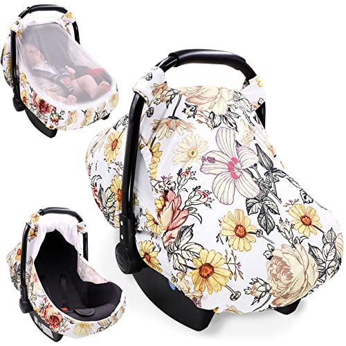 Floral Baby Car Seat Cover for Girl,Infant Carseat Canopy Sun Cover，Baby Carrier Cover with Zipped Peep Windows and Breathable Mesh, Stretchy 3in1Multi-use Stroller Cover