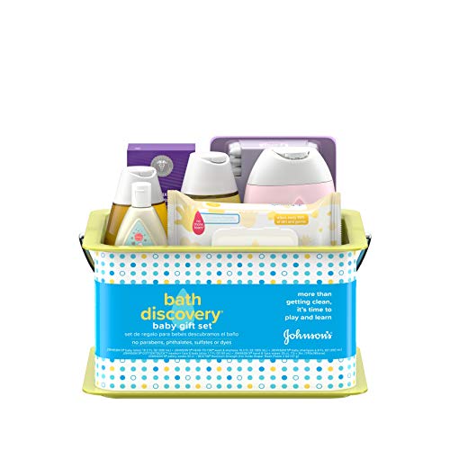 Johnson’s Bath Discovery Gift Set for Parents-to-Be, Caddy with Baby Bath Time & Skin Care Essentials, Bath Kit Includes Baby Body Wash, Shampoo, Wipes, Lotion & Diaper Rash Cream, 7 Items