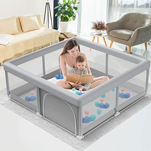 Ajulkrio Baby Playard, Playpen for Babies and Toddlers with Gate, 51×51″ Small Baby Fence, Sturdy Safety Playpen(with Anti-Slip Base) Warm Gray