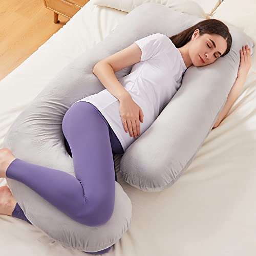 Sasttie Pregnancy Pillows for Sleeping, Maternity Pillow for Pregnant Women, U Shaped Side Sleeper Pregnancy Pillow, 59” Full Pregnanct Pillow with Removable Velvet Cover, Grey