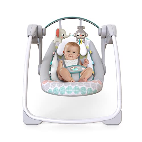 Bright Starts Portable Automatic 6-Speed Baby Swing with Adaptable Speed, Taggies, Music, Removable-Toy Bar, 0-9 Months 6-20 lbs (Whimsical Wild)