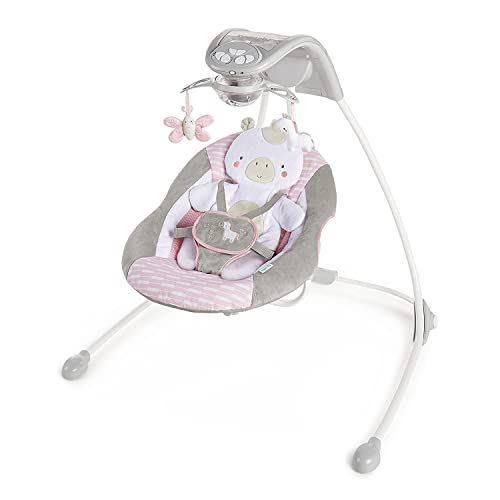 Ingenuity InLighten 6-Speed Baby Swing – Easy-Fold Frame, Swivel Infant Seat, Nature Sounds, Light Up Mobile – Flora the Unicorn (Pink)