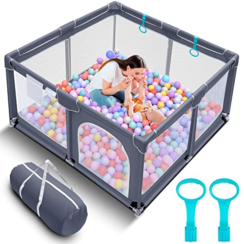 Tmsene Baby Playpen, Play Pens for Babies and Toddlers, Baby Playard with Zipper Gates, Indoor & Outdoor Playard for Kids Activity Center, Sturdy Safety Baby Fence with Breathable Mesh, Grey