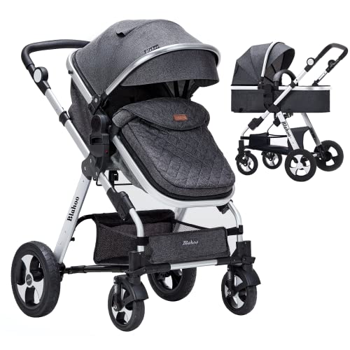 Blahoo Baby Stroller for Newborn, 2 in1 High Landscape Stroller, Foldable Aluminum Alloy Pushchair with Adjustable Backrest.Adjustable Awning, Variable Seat and Recliner(Black)