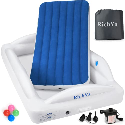RichYa Inflatable Toddler Travel Bed with 4 Safety Bumpers, Portable Toddler Bed with Sides, Kid Air Mattress with Storage Bag and 120V Electric Pump for Camping and Sleepover – 62*40*12” – Dark Blue