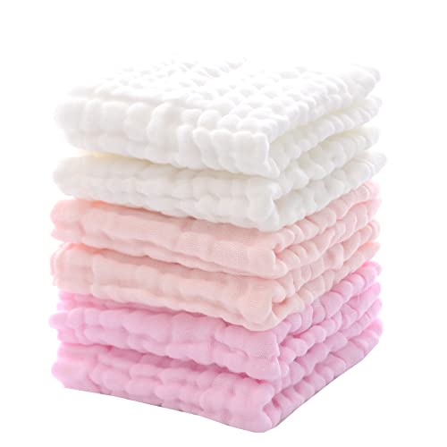 MUKIN Baby Muslin Washcloths – Soft Face Cloths for Newborn, Absorbent Bath Face Towels, Baby Wipes, Burp Cloths or Face Towels, Baby Registry as Shower. Pack of 6-12×12 inches (Pink)