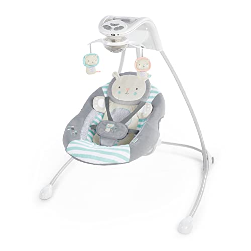 Ingenuity InLighten 6-Speed Baby Swing – Easy-Fold Frame, Swivel Infant Seat, Nature Sounds, Light Up Mobile – Landry the Lion (Grey)