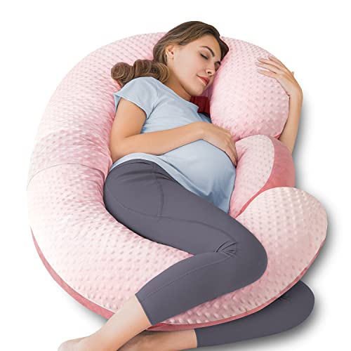 QUEEN ROSE Pregnancy Pillows – E Shaped Pregnancy Pillows for Sleeping, Detachable Body Pillow for Pregnant Side Sleeper, Pink Bubble Velvet, 60in