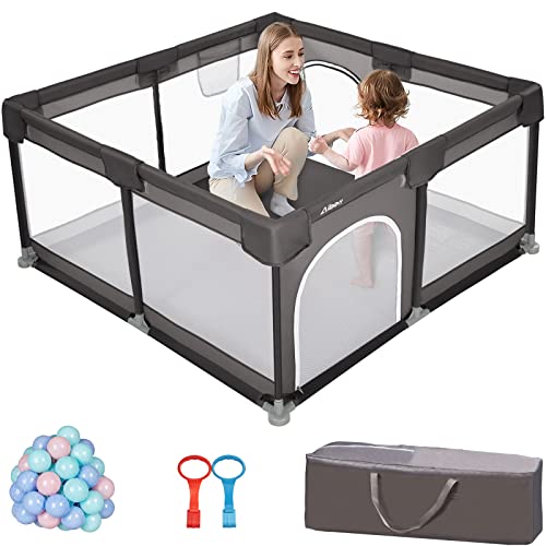 Albott Portable Baby Playpen for Babies and Toddlers, 52″x52″ Baby Playards with 50pc Pit Balls, Extra Large Anti-Fall Infant Safety Activity Center(Deep Grey)