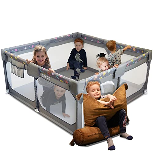 59″ ×59″Playard with Gates,Indoor Baby playpen,Detachable and Assembled Children Fence, Babies Enclosure with Cute Pattern,Small Playground for Kids, Infant Care Playpin|Light Grey