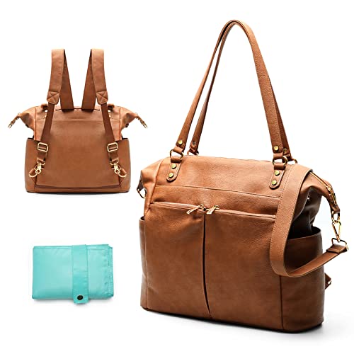 Diaper Bag Tote MOMINSIDE, Leather Diaper Bag Backpack with 14 Pockets for Mom Dad, Baby Registry Search, Large Travel Baby Bag for Boys Girls with 4 Insulated Pockets, Changing Pad-Brown