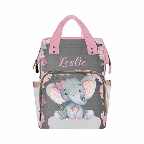 Newcos Personalized Baby Elephant with Blooming Rose Flowers Diaper Bag Nursing Baby Bags Nappy Bag Casual Travel Daypack for Mom Gifts