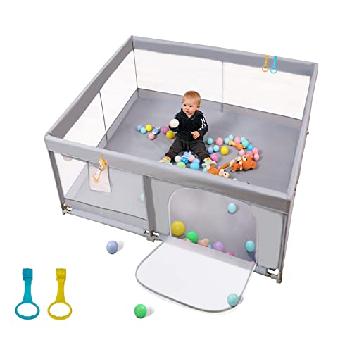 Baby Playpen Palopalo Gate Playard Playpen for Babies and Toddlers 51”x51” Baby Fence Toddlers Ball Pits Infants Sturdy Safety Activity Center with Anti-Slip Base, Gray