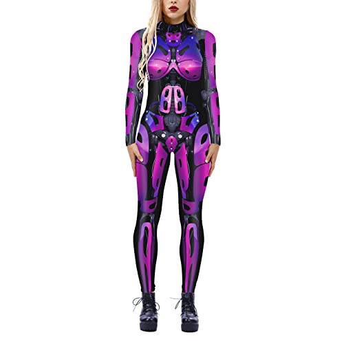 Dreamyth Women Skeleton Robot 3D Printing Bodysuit Zipper Back Halloween Costume Full Body Bodysuit Jumpsuit Belts for Women Purple